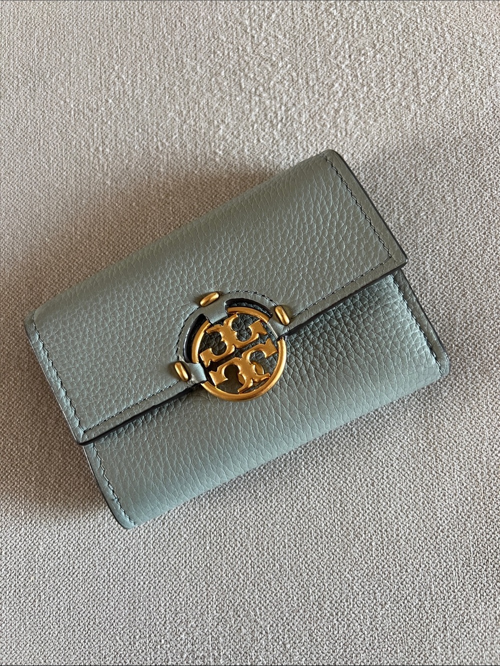 Tory Burch Pebbled Leather Miller Medium Flap Wallet in Blue Celadon